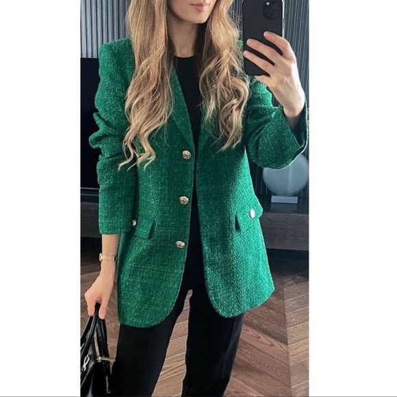 Zara Green Textured Weave Blazer - Picture 4 of 15